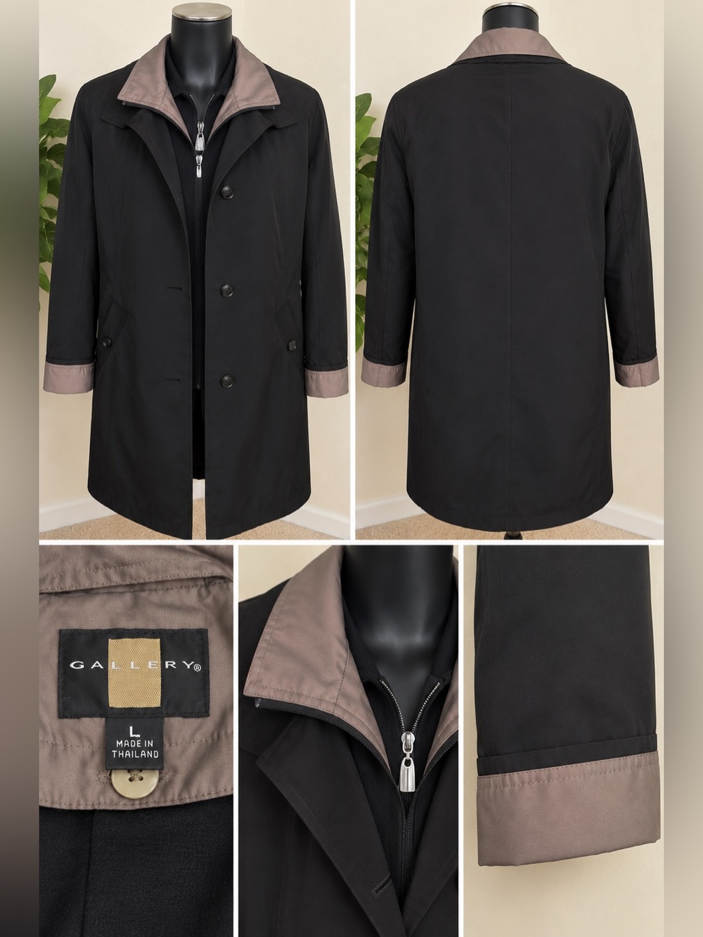 Gallery Black Trench Coat with Taupe Trim